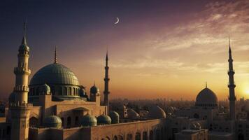 Mosque Minarets and Crescent Moon at Golden Sunset Over Cityscape photo