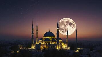 Majestic Mosque Silhouette at Night Under Full Moon with Cityscape photo