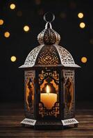 Ornate Lantern with Candlelight and Decorative Cutouts for Ramadan or Home Decor photo