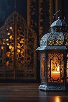Ornate Metal Lantern with Candlelight and Decorative Screen Background photo
