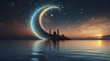 Majestic Mosque Silhouette with Crescent Moon and Starry Sky Reflection photo