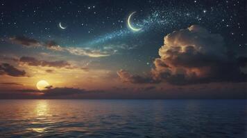 Ocean Sunset with Crescent Moon and Starry Sky Night Reflection photo
