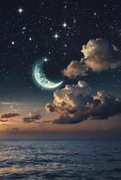 Ocean Crescent Moon and Starry Night Sky with Clouds Background photo