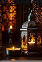 Burning Candles and Decorative Lantern Creating Warm and Ambient Lighting photo