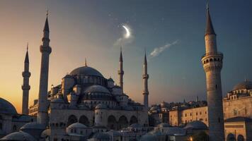 Blue Mosque at Night with Crescent Moon and Cityscape View photo