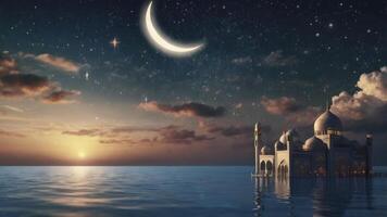 Mosque on Water with Crescent Moon and Starry Sky at Sunset photo