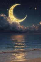 Crescent Moon Over Ocean at Night with Stars and Clouds photo