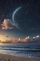 A beautiful night sky with stars and the moon over the ocean photo
