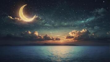 Glowing Crescent Moon Over Calm Ocean at Night with Starry Sky photo