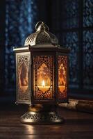 Illuminated Decorative Lantern with Burning Candle Creates a Warm and Cozy Atmosphere photo