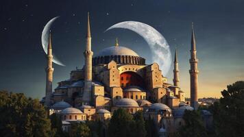 Hagia Sophia at Night with Moon Istanbul Travel Destination Concept photo