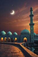 Majestic Mosque Architecture at Night with Crescent Moon and Colorful Sky photo