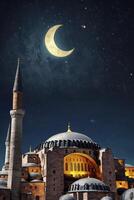 Hagia Sophia Under Crescent Moon and Starry Night Sky photo