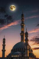 Majestic Mosque Under a Full Moon with Stars and Dusk Sky photo