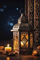 Ornate Lantern and Candles Lighting a Warm, Festive Ramadan Scene photo
