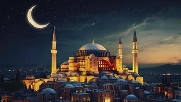 Hagia Sophia at Night with Crescent Moon in Istanbul Skyline photo