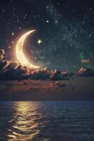 Crescent Moon and Star Shining Over Ocean at Night with Clouds photo