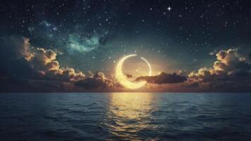 Glowing Crescent Moon Reflected on Ocean Water Under Starry Night photo