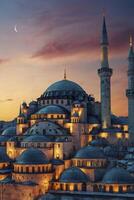Sultan Ahmed Mosque in Istanbul at Dusk with Crescent Moon View photo