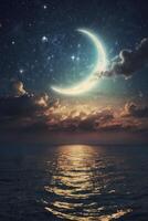 Crescent Moon Over Ocean Waters with Reflecting Light and Starry Night photo