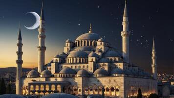 Sultan Ahmed Mosque at Night with Crescent Moon and Starry Sky photo