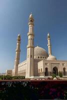 Majestic Mosque Architecture Under Blue Sky with Floral Foreground View photo