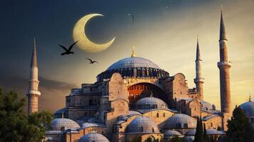 Exploring Istanbul Hagia Sophia Mosque Under Crescent Moon at Dusk photo