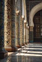 Ornate Columns in Islamic Architecture with Intricate Designs and Sunlight photo