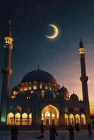 Majestic Mosque Under Crescent Moon Glowing at Night with Silhouette People photo