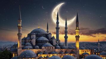 Majestic Mosque with Crescent Moon and Starry Sky at Twilight photo