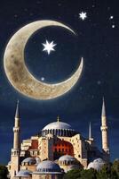 Mosque Under Crescent Moon and Stars at Night, Religious Symbolism photo