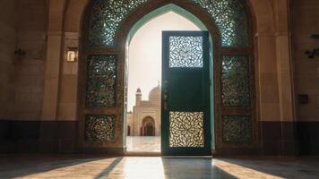 Open Ornate Doorway Leading to Islamic Mosque and Sunny Courtyard photo