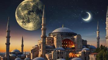 Magnificent Hagia Sophia at Night Under a Giant Moon and Stars photo