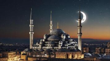 Majestic Blue Mosque at Night with Crescent Moon Over Istanbul photo