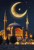 Illuminated Hagia Sophia at Night with Crescent Moon and Star photo