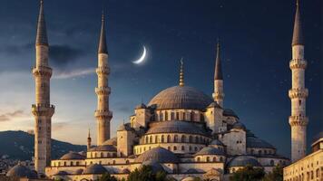 Magnificent Mosque with Crescent Moon at Dusk in Istanbul Turkey photo
