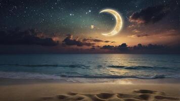 Crescent Moon Over Ocean at Night with Starry Sky and Beach photo