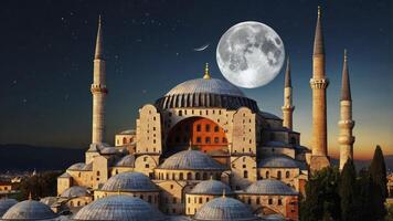 Hagia Sophia Istanbul at Night with Full Moon and Stars photo