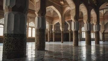 Ornate Interior of a Mosque with Pillars and Arches, Featuring Tile Floors photo