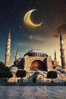The blue mosque in istanbul, turkey, with a crescent moon in the sky photo