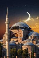 Exploring Hagia Sophia Landmark Under Crescent Moon Lit Sky at Night photo