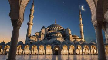Magnificent Blue Mosque at Night with Crescent Moon and Starry Sky photo
