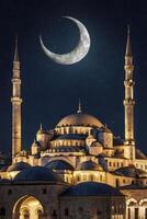 Illuminated Mosque and Crescent Moon at Night Under Starry Sky photo