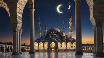 Blue Mosque at Night with Crescent Moon and Arches in Istanbul photo