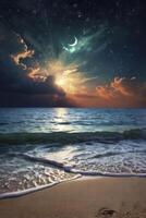 Serene Ocean Beach at Twilight with Moon and Colorful Clouds photo