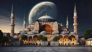 Hagia Sophia Istanbul at Night Under Full Moon with Stars photo