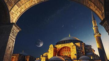 Hagia Sophia Istanbul at Night with Moon and Stars Glowing photo