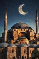 The blue mosque in istanbul, turkey, with a crescent moon in the sky photo