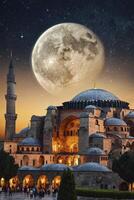 Hagia Sophia at Night Under a Giant Moon with Starry Sky photo