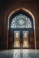 Entering Grand Architectural Archway and Doors with Stained Glass Window photo